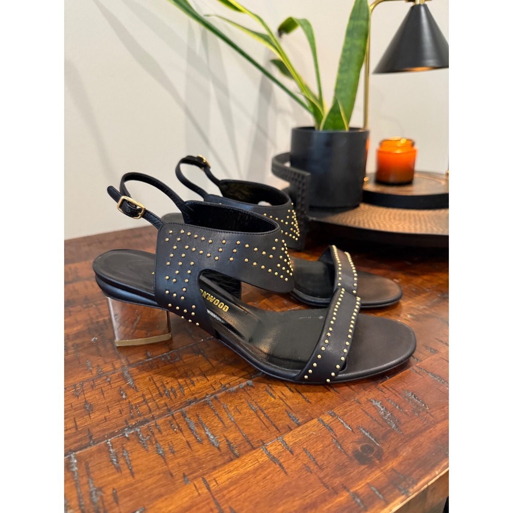 Nicholas Kirkwood Black Leather Gold Studded Block Mirror Heel Sandals Size 37.5